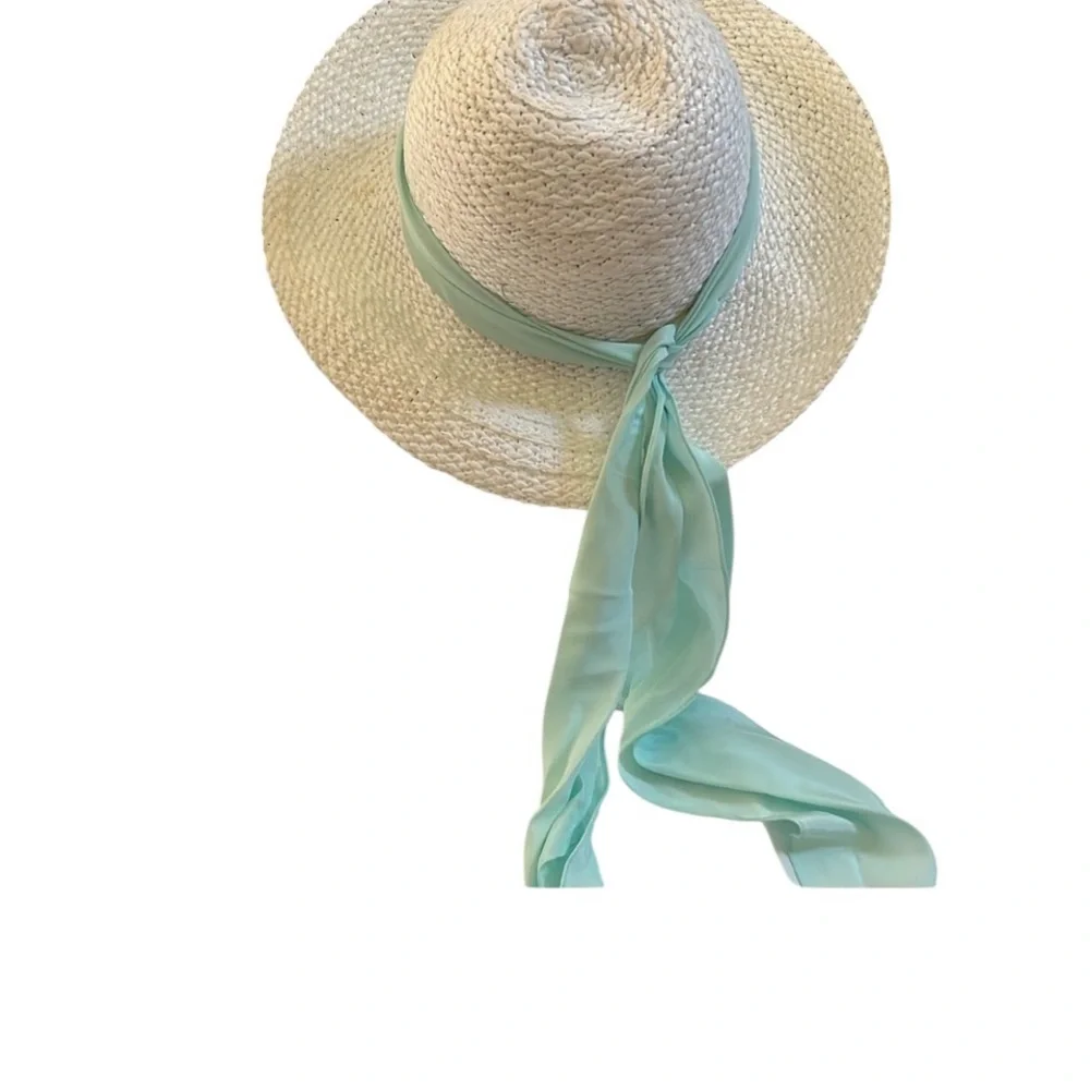 White straw hat spring , summer with mint green scarf attached